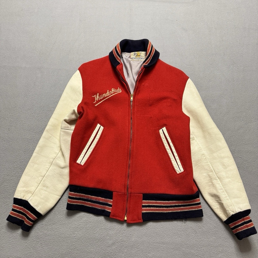 VTG Golden Bear Varsity Jacket Men Small Red Wool Leather Letterman USA Bomber